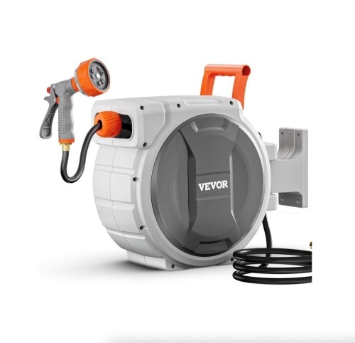 VEVOR Retractable Garden Hose Reel, 1/2 Inch x 65 ft Wall Mounted, 9 Patterns Nozzle, Any Length Lock, Upgraded Slow Return System and 180°Swivel Bracket