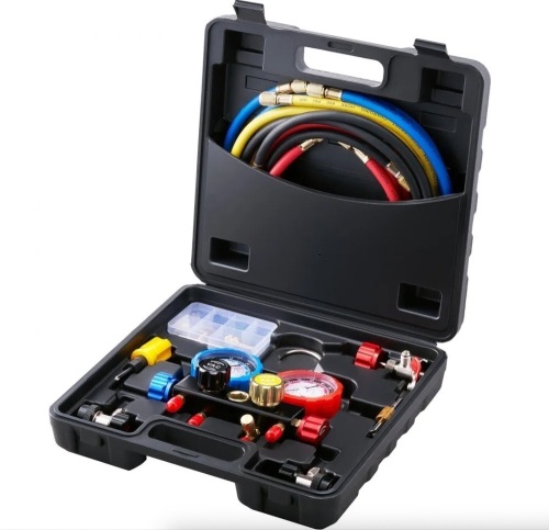 VEVOR 4 Way AC Manifold Gauge Set for R134A R22 R12 R410A Refrigerant, Freon Gauges with 5ft Hoses, Couplers