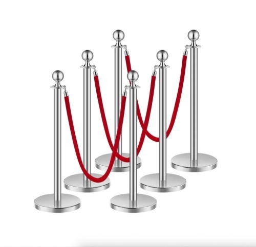 VEVOR Stanchions and Velvet Ropes 6Pcs, Hollow Base with Stainless Steel Post, 3 Red Velvet Ropes