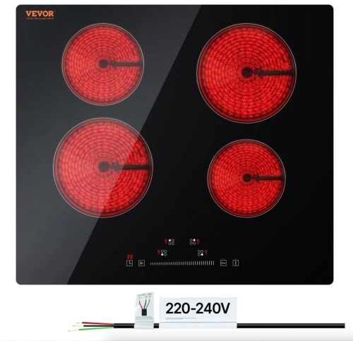 VEVOR Built in Electric Stove Top, 23.2 x 20.5 inch 4 Burners, 240V Glass Radiant Cooktop with Sensor Touch Control, Timer & Child Lock Included, 9 Power Levels for Simmer Steam Slow Cook Fry