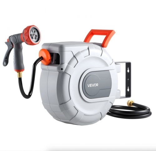 VEVOR Retractable Garden Hose Reel, 1/2 in x 50 ft, Wall Mounted, 9-Function Sprayer Nozzle and 180° Swivel Bracket, Any Length Lock, Automatic Slow Rewind System