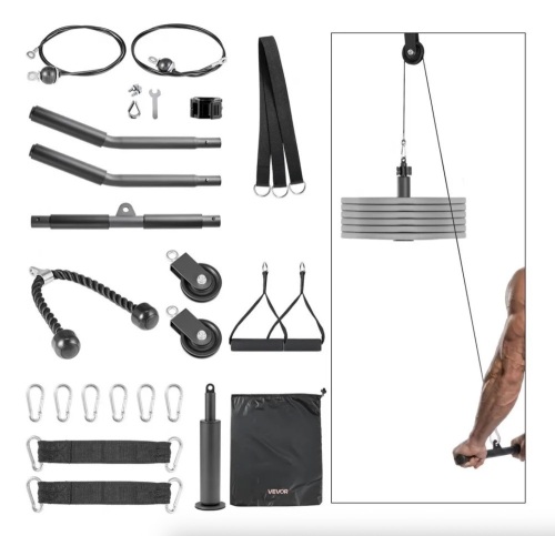 VEVOR LAT and Lift Pulley System, Gym Rack Pulleys Attachment with Two Steel Cables, Short Bar, Dual Grip Handles, Up to 330 lbs Capacity