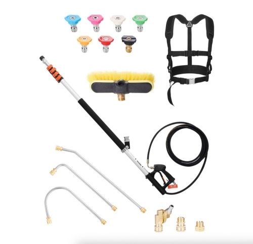 VEVOR Pressure Washer Telescoping Wand, 24 ft, 4000 psi, Telescopic Spray Wand with Power Washer Extension Wands, Gutter Cleaner, Brush Head, Pivoting Coupler, 7 Spray Nozzles and Support Harness