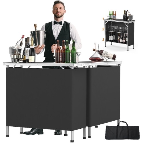 VINGLI 39-in 3-tier Shelves Black Portable Bar Table with Black Skirt
