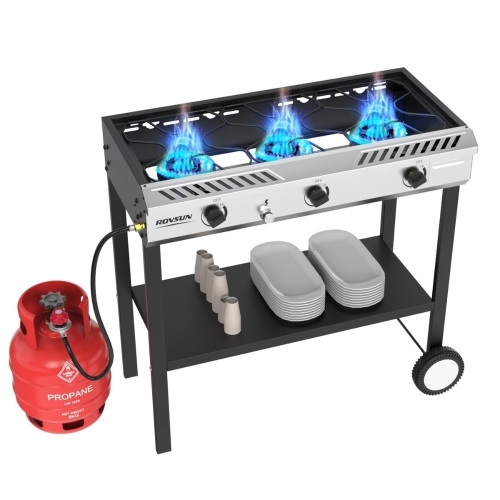 ROVSUN 3-Burner 225000 BTU Outdoor Camping Propane Stove with Wheels