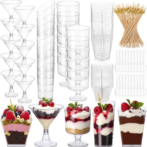 150 Pcs Plastic Dessert Cups with Spoons and Toothpicks, 2 to 5 oz, 5 Styles