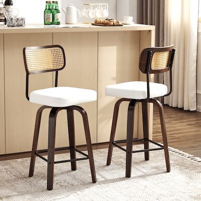 VINGLI Modern Swivel Bar Stool 26 Inch PU Leather with Rattan Back Wood Legs, Set of 2