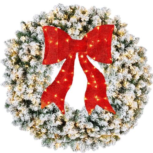48" Pre-Lit Flocked Artificial Fir Christmas Wreath w/ Red Bow, LED Lights