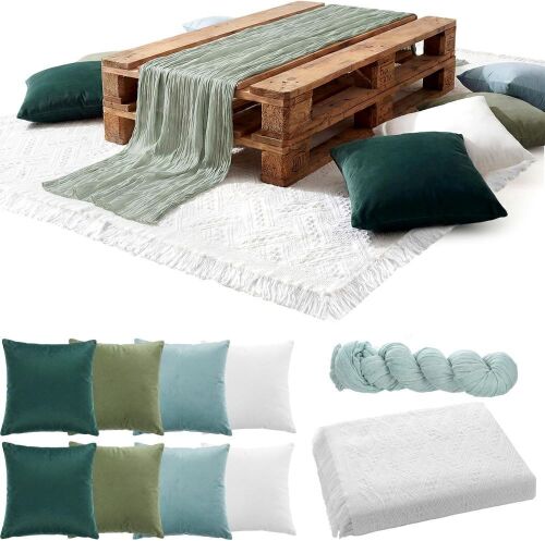 71'' x 102'' Extra Large White Outdoor Boho Picnic Blanket with Table Runner and 8 Throw Pillow Covers