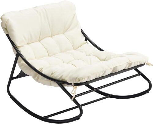 VINGLI Outdoor Rocking Chair, Comfortable Cushioned Lounge Chair for Indoor & Outdoor, Supports 400 LBS, Beige