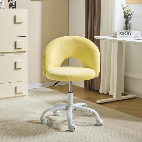 VINGLI Small Vanity Chair with Faux Fur Wheels for Girls,Cute Adjustable Height Armless Office Desk Chair,360°Swivel Comfy Rolling for Study,Make up Room,Small Space,Yellow