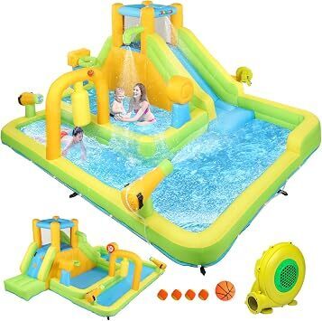 JOYMOR 10-in-1 Inflatable Water Slide Bounce House w/Deeper Pool, Obstacle Course, Climbing Wall, 1min Blow Up Water Slides for Kids Backyard Party Gift