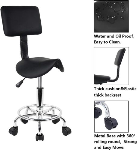 KKTONER Saddle Stool with Foot Rest PU Leather Swivel Adjustable Rolling Stools with Back Support Facial Salon Kitchen Chair (Black)