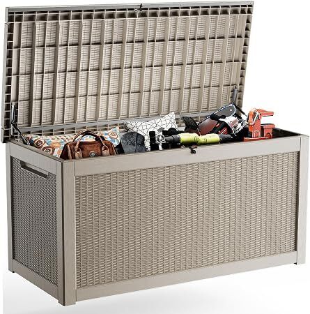 Brown Deck Boxe Waterproof, Outdoor Large Storage Boxes with Lids, Outside Resin Storage Box & Deck Boxes for Patio, Garden Use