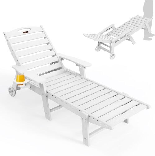 Lounge Chair Outdoor, Oversized Chaise Lounge Chair with 5 Positions, HDPE, Patio Lounge Chair with Wheels & Cup Holder for Pool, Deck, Poolside, White