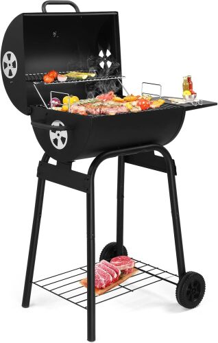 Barrel Charcoal Grill with Side Table, BBQ Grill Outdoor Smoker Grill with Wheels for Party Garden Patio and Backyard Cooking