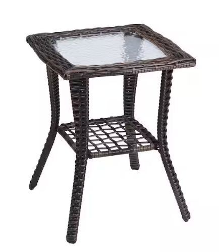 Brown Square Wicker Outdoor Side Table with Storage Tempered Glass Top Wicker Table