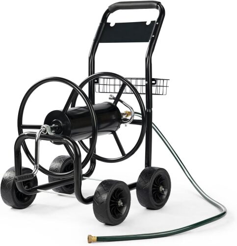 4-Wheel Garden Hose Reel Cart with Storage Basket, Portable Residential Hose Reel Cart, Lawn Watering, for Garden Backyard and Farm