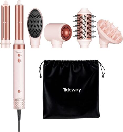 Tideway Prowaver 6 in 1 Hair Dryer Brush 110,000 RPM High-Speed Dual Voltage Ionic Hot Air Brush Styler with Auto Wrap Curlers &Volumizing Brush for Fast Drying& Frizz Free Hair No Heat Damage