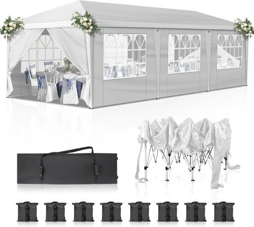 VINGLI 10x30 Pop Up Canopy Tent with Sidewalls, Outdoor Gazebo Canopy Tent, Patio Event Tents Outdoor Event Shelter for Parties (White)