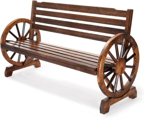 Rustic Wooden Wheel Bench Outdoor Bench, Patio Bench Wagon Slatted Seat, Garden Benches for Outdoors 350lbs High Capacity, Weather Resistance