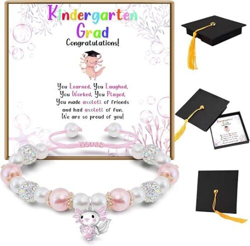 PEALICIOUS Preschool Kindergarten Graduation Gifts for Girls, Axolotl Graduation Bracelet, Pre K Kinder Graduate Keepsake Bracelet with Cap Box