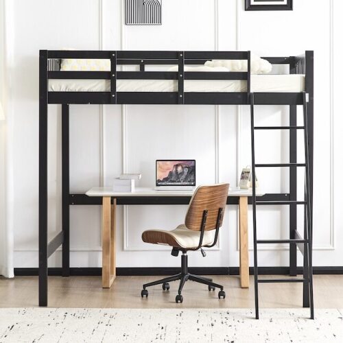VINGLI 78L x 41W x 72H Twin Size Pine Wood Loft Bed with 15-in High Guardrail Flat Rungs Black