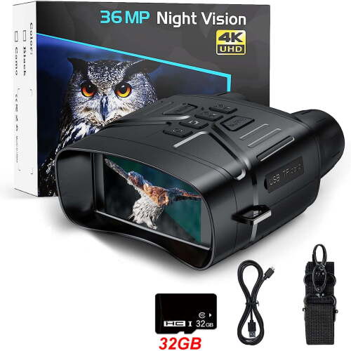 Ultra HD 4K 36MP Infrared Night Vision Binoculars with 32GB Card, Waterproof Ergonomic Low Light Night Vision Telescope, High Definition Optical Device for Outdoor Hunting Camping Surveillance Use