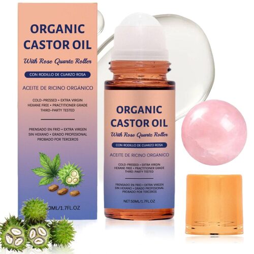 Organic Castor Oil with Rose Quartz Roller, Castor Oil Roll-On with Rose Quartz for Skin, Brows & Lashes, 1.7 fl oz, 100% Pure Cold-Pressed, Hexane-Free (1 pcs)