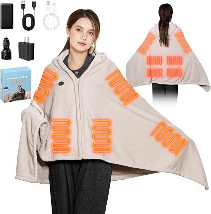 Cordless Heated Blanket with Hood, Rechargeable Wearable Heated Blanket Battery Powered with Strong Battery, 9 Heating Zones, 3 Levels, Portable Heated Throw Blanket, Camping