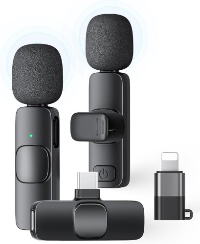 2 Pack Wireless Lavalier Microphone for iPhone iPad and Android Phone, Lapel Mic Plug and Play Wireless Mic Noise Reduction Mini Microphone for Video Recording Interview Podcast Vlog YouTube Tiktok