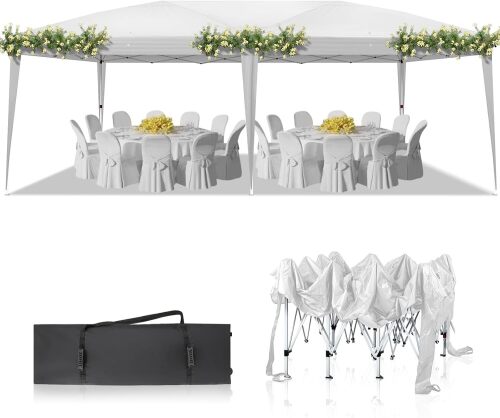 VINGLI 10x20 Pop Up Canopy Tent, Outdoor Foldable Portable Canopy for Camping, Patio, Parties, EZ Up Gazebo With Carry Bag (White)