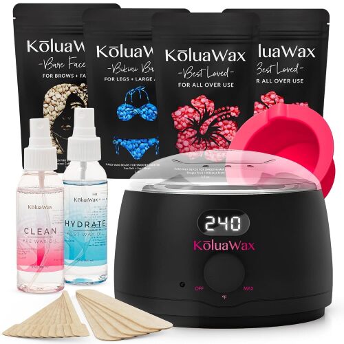 KoluaWax Premium Waxing Kit for Women & Men - Beginner Friendly - Complete Wax Kit that includes 14oz of Wax Beads, Applicator, Pre and Post Care, Suitable for Sensitive Skin (Black)