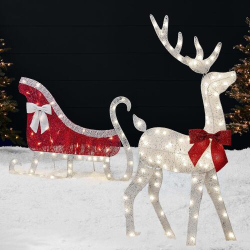 4ft Lighted 2D Reindeer & Sleigh Set, Christmas Holiday Deer & Sled Outdoor Yard Decoration w/ 140 LED Lights - White