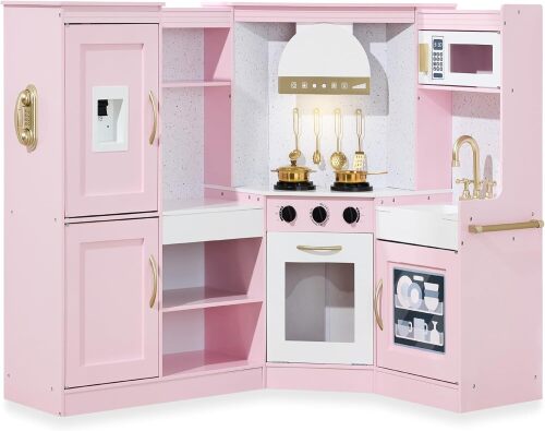 Pretend Play Corner Kitchen, Ultimate Interactive Wooden Kids Playset w/Lights & Sounds, Ice Maker, Hood
