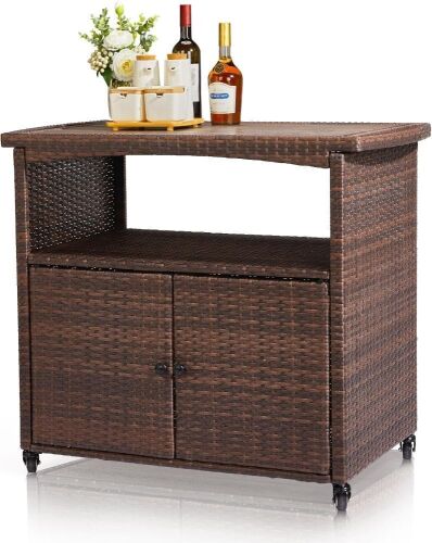 VINGLI Wicker Outdoor Bar Cart with Storage & Wheels
