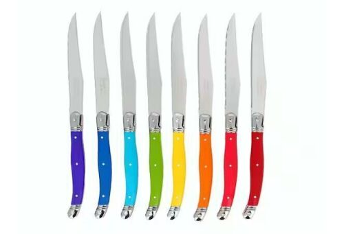 Laguiole 4.5 in. Stainless Steel Full Tang Serrated 8-Piece Steak Knife Set, Rainbow Colors