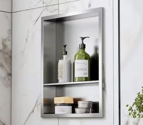 18 in. W x 14 in. H x 4 in. D Waterproof Recessed Shower Niche Storage Shelf in Brushed Nickel, No Tile Needed