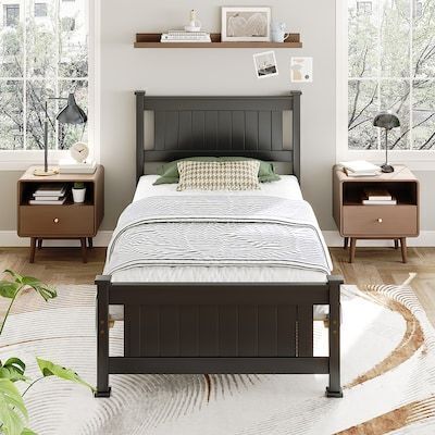 VINGLI Twin Size Solid Wood Bed Frame with Headboard, No Box Spring Needed