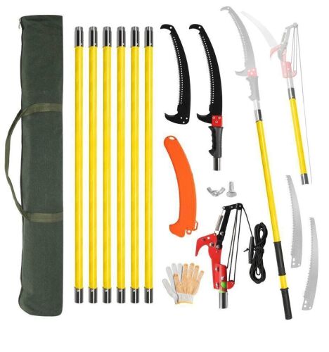 Manual Pole Saw, 26 Feet Extendable Tree Pruner with Knives and Storage Pocket, Sharp Steel Blade and Scissors