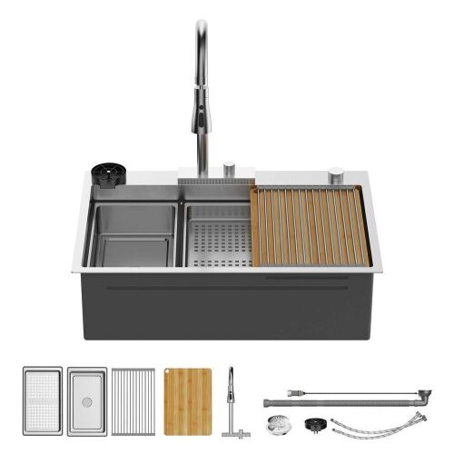 ROVSUN 33" x 19" Drop-in Waterfall Kitchen Sink with Left Drain