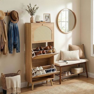 Rattan Panel 3 Flip Drawer Shoe Cabinet 21.26 W