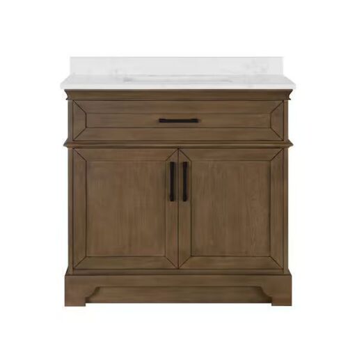 HDC Cherrydale 36 in. Single Sink Freestanding Almond Latte Bath Vanity with White Engineered Marble Top