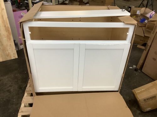 Hampton Bay Courtland 36 in. W x 21 in. D x 34.5 in. H Assembled Shaker Sink Base Bath Cabinet in Polar White - Clips for Face Need Fixed