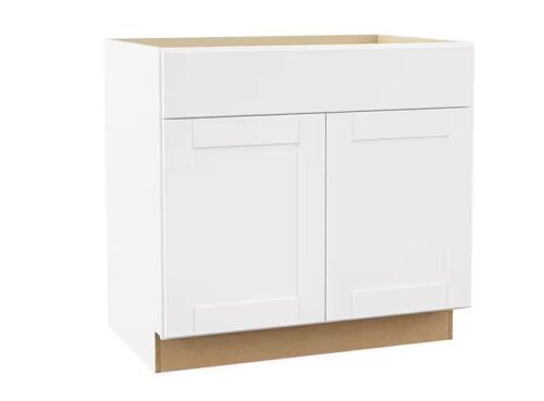 Hampton Bay Shaker 36 in. W x 24 in. D x 34.5 in. H Assembled Sink Base Kitchen Cabinet in Satin White