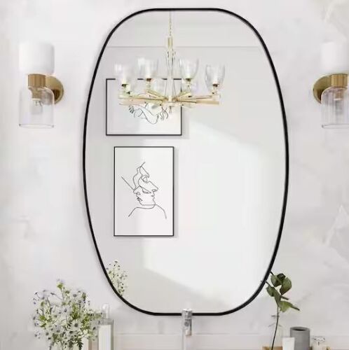 30 in. W x 40 in. H Modern Oval Aluminum Frame Black Wall Mirror