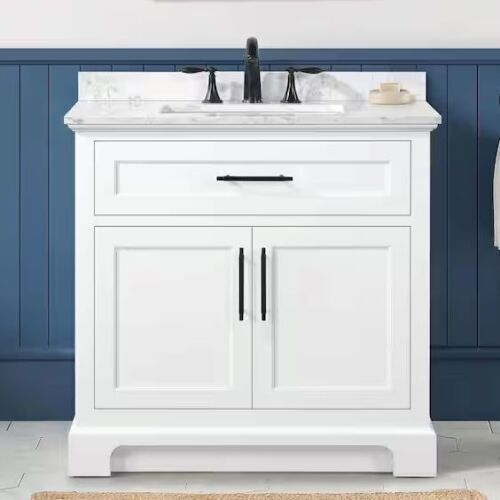 HDC Doveton 36 in. Single Sink Freestanding White Bath Vanity with White Engineered Marble Top