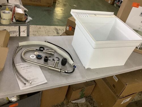 Glacier Bay 24 in. W x 24 in. D x 35 in. H Freestanding Laundry/Utility Sink in White with Stainless Steel Pull-Out Faucet