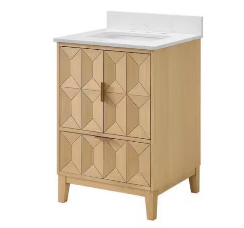 HDC Kesset 24 in. Single Sink Freestanding Light Oak Bathroom Vanity with White Engineered Carrara Top - Hairline Crack in Top