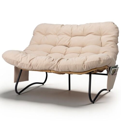 52.4in Papasan Chair Curved Rattan Loveseat with Side Pockets, Beige